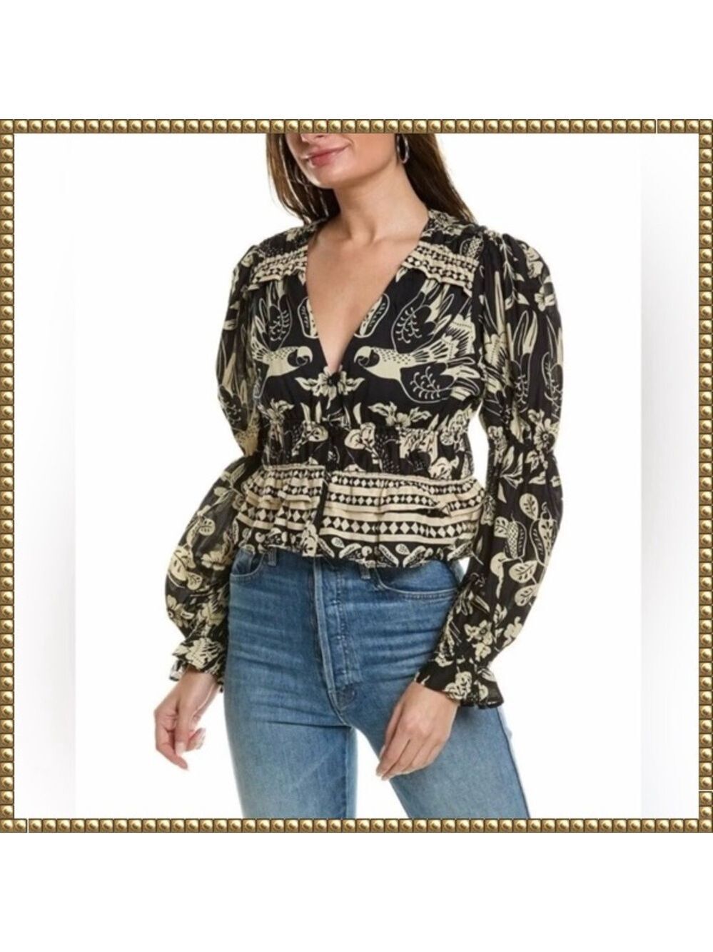 Farm Rio Black Cream Floral Macaw Blouse Medium